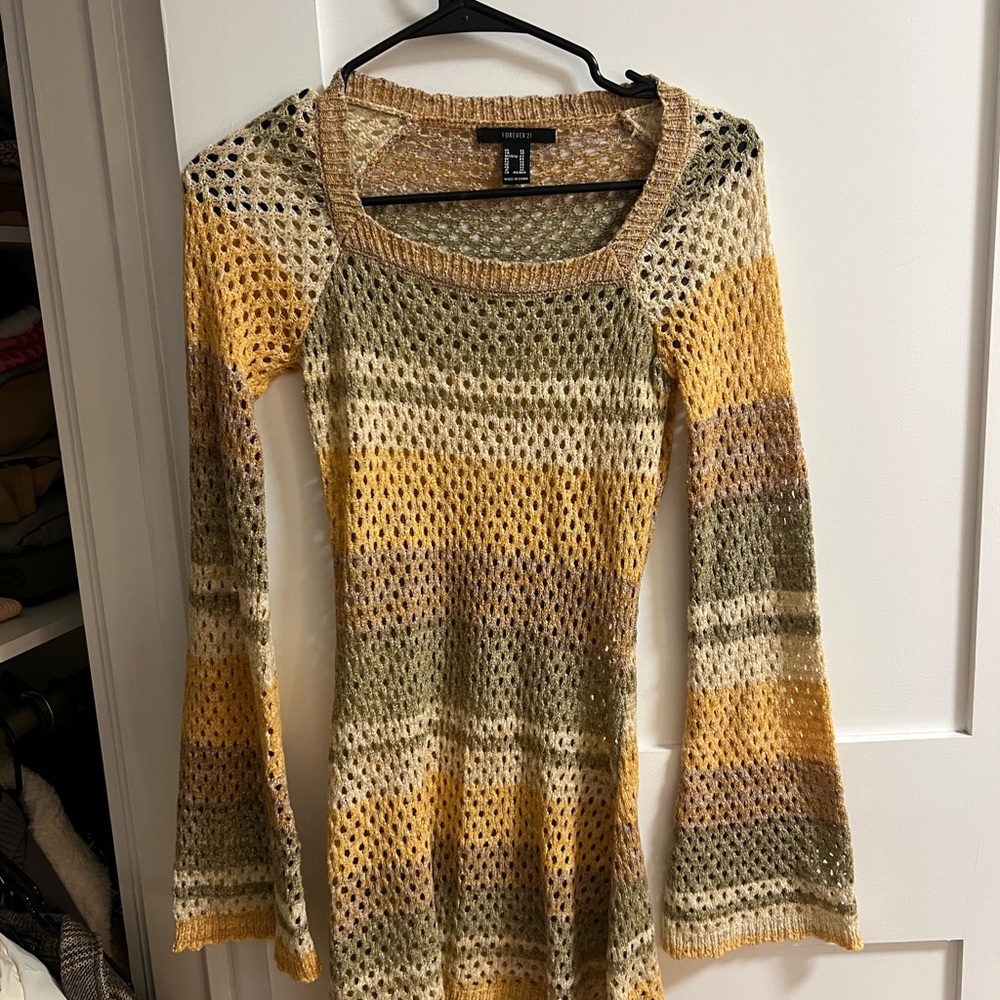 Forever 21 Tan and Green Knit crochet dress
